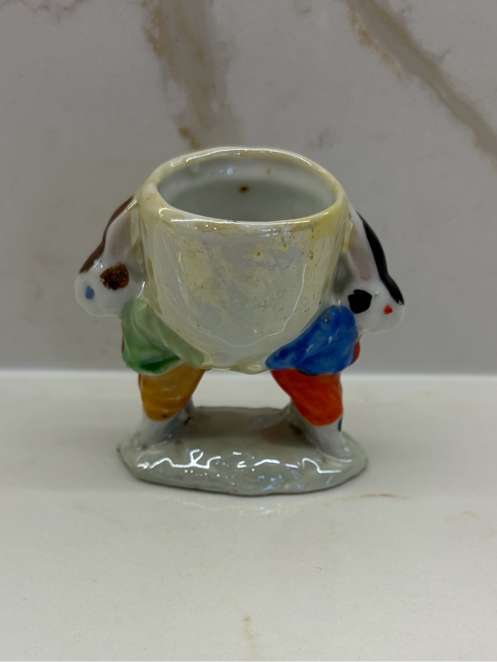 Vintage Hand-Painted Iridescent 1950 Ceramic Bunny Egg Cup Japan